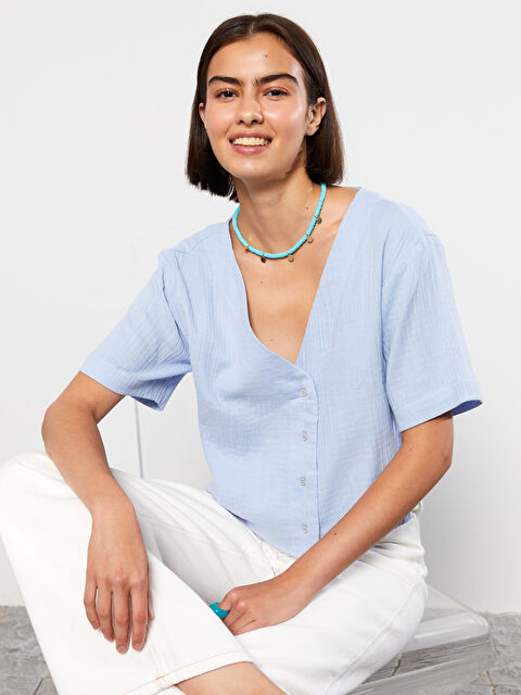 LCW Vision Blouse pour Femmes à Manches Courtes Unie avec Encolure en V - S2HJ76Z8-GCA