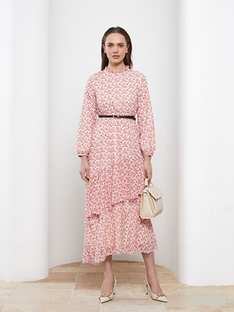 LCW Modest Ruffle Turtle Neck Patterned Long Sleeve Chiffon Women's Dress - S2HP19Z8-LRA