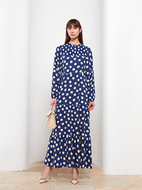 LCW Modest Bisiklet Yaka Puantiyeli Uzun Kollu Viskon Kadın Elbise