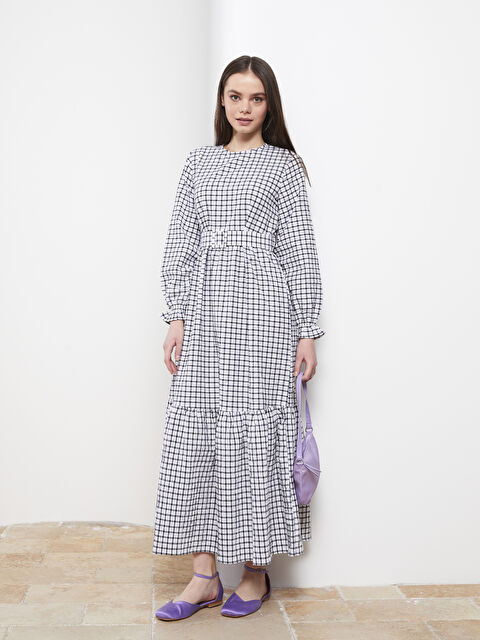LCW Modest Crew Neck Plaid Long Sleeve Women's Dress - S2HP25Z8-LRA