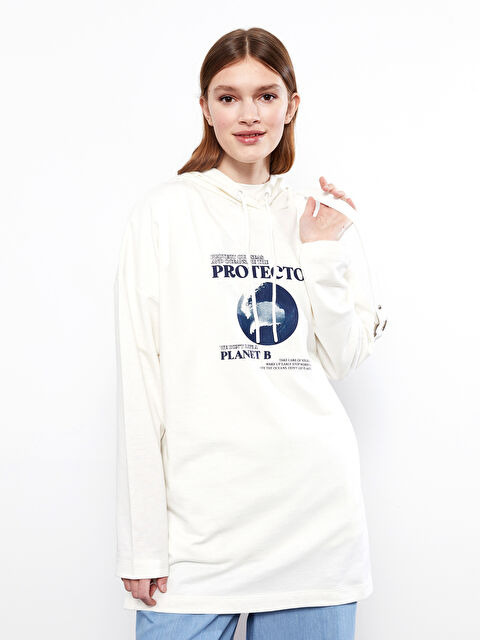 LCW Modest تونيك سويتشيرت للسيدات بكابوش مطبوع كم طويل - S2HR94Z8-R9J