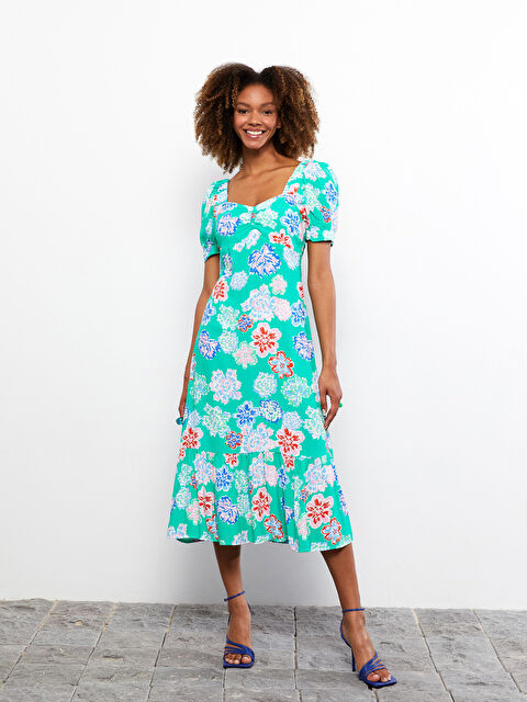 LCW Vision Heart Collar Floral Short Sleeve Viscose Women's Dress - S2HT48Z8-LRR