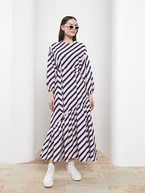 LCW Modest Crew Neck Striped Long Sleeve Poplin Women's Dress - S2HT93Z8-LRA