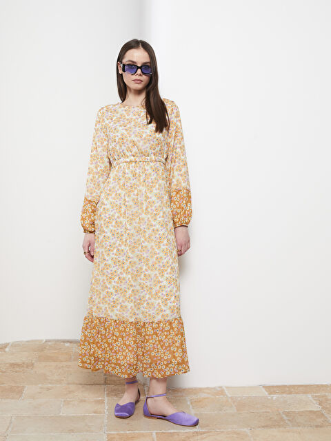 LCW Modest Crew Neck Floral Long Sleeve Chiffon Women's Dress - S2HU09Z8-LRA