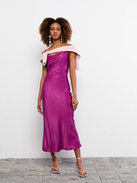 LCW Vision فستان نسائي واسع بياقة متدلية بحمّالات مستقيمة من الفيسكوز - S2I462Z8-HJA