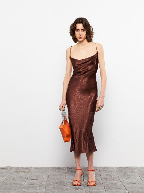 LCW Vision Flowy Collar Patterned A-Line Satin Women's Dress with Straps - S2I463Z8-KDY