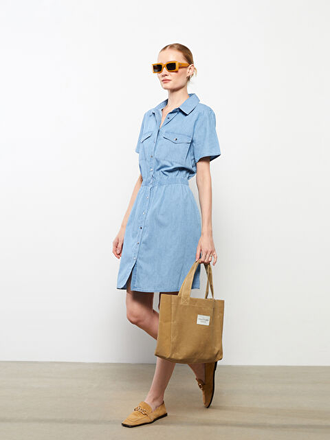 LCWAIKIKI Classic Gömlek Yaka Düz Kısa Kollu Kadın Jean Elbise