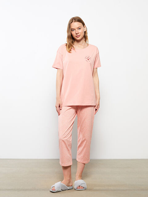 LCW DREAM Bisiklet Yaka Baskılı Kısa Kollu Kadın Pijama Takımı