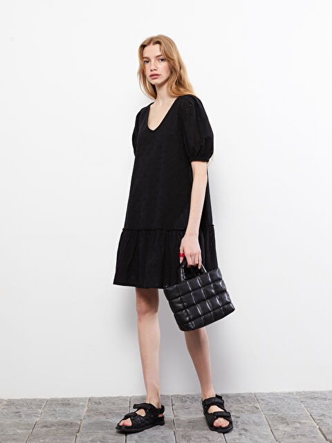 LCW Vision V-Neck Self Patterned Balloon Sleeve A-Line Embroidered Women's Dress - S2IK06Z8-CVL