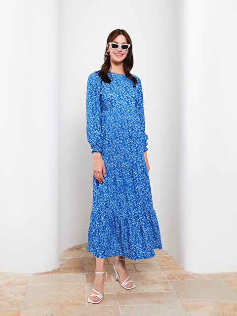 LCWAIKIKI Maternity Bisiklet Yaka Desenli Uzun Kollu Krinkle Hamile Elbise