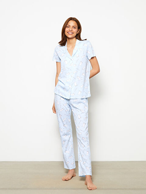LCW DREAM Gömlek Yaka Desenli Kısa Kollu Pamuklu Kadın Pijama Takımı