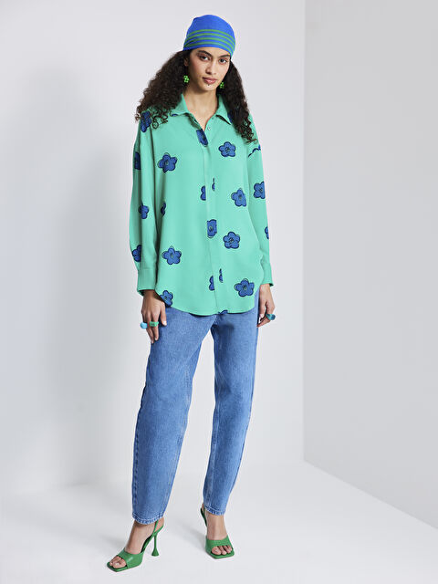 LCW Modest Front Button Closure Floral Long Sleeve Oversize Viscose Women's Shirt - S2IR11Z8-LQQ