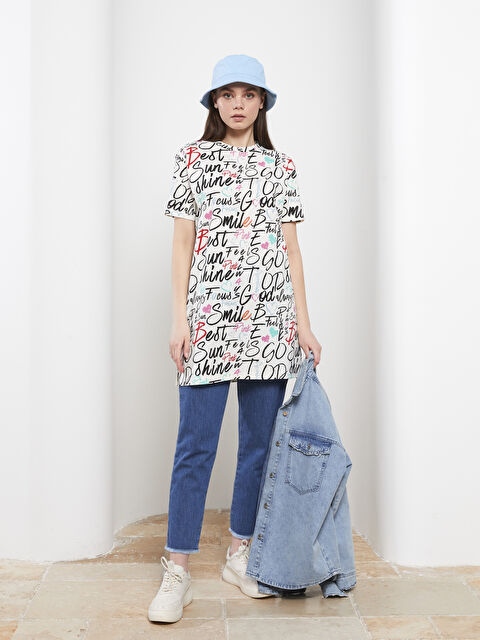 LCW Modest Crew Neck Letter Printed Short Sleeve Cotton Women's Tunic - S2IR29Z8-LRA