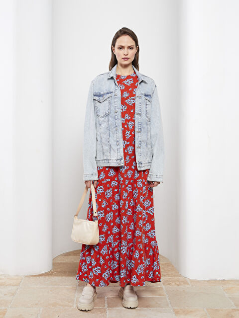 LCW Modest Crew Neck Floral Long Sleeve Viscose Women's Dress - S2IV99Z8-LTQ