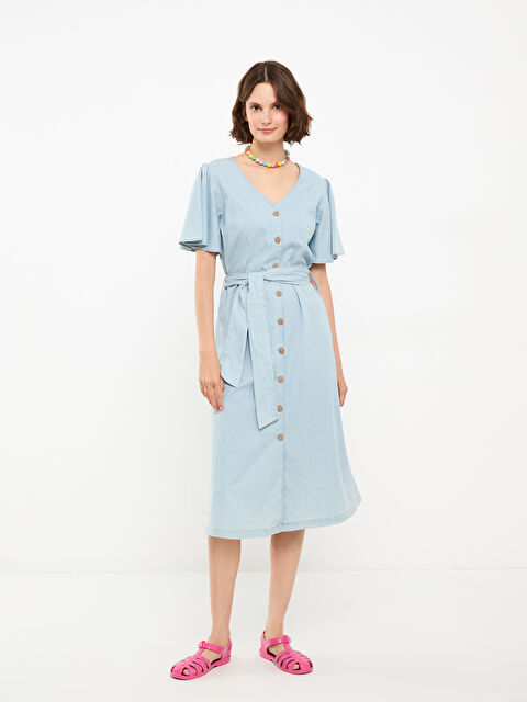 LCW Vision V Neck Plain Short Sleeve Women's Denim Dress - S2IY31Z8-311