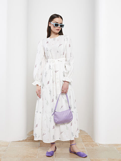 LCW Modest Bisiklet Yaka Desenli Uzun Kollu Poplin Kadın Elbise