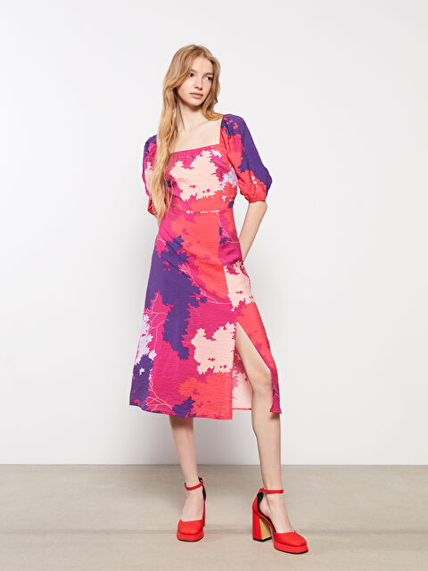 LCW Vision Kare Yaka Desenli Kısa Kollu Poplin Kadın Elbise