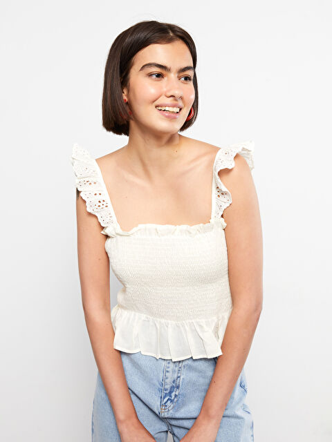 LCW Vision Kare Yaka Nakışlı Askılı Poplin Kadın Bluz