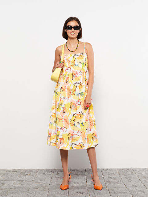 LCW Vision Kare Yaka Desenli Askılı Poplin Kadın Elbise