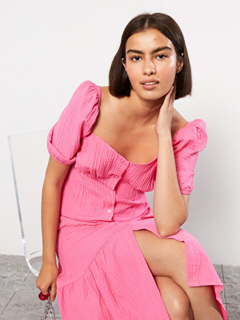 LCW Vision Kalp Yaka Kendinden Desenli Balon Kollu Kadın Elbise