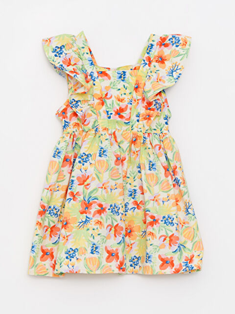 LCW baby Kare Yaka Askılı Pamuklu Çiçekli Kız Bebek Elbise