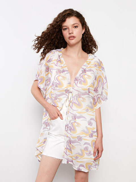 LCW DREAM Şal Yaka Desenli Kısa Kollu Şifon Kadın Plaj Giyim Üst