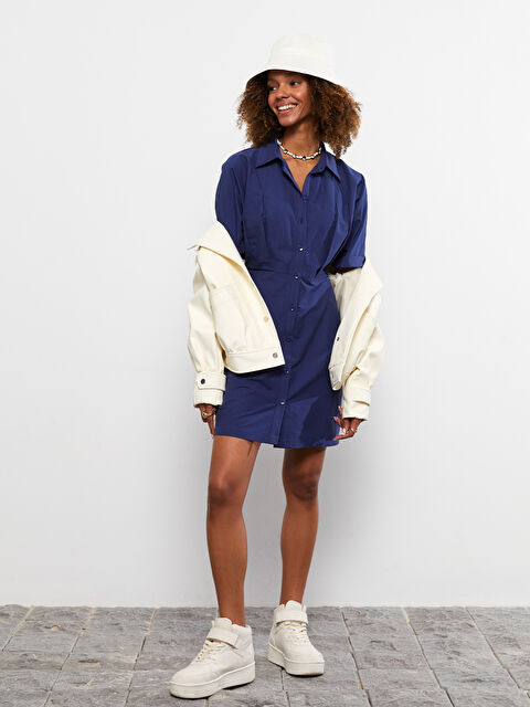 LCW Vision Gömlek Yaka Düz Kısa Kollu Poplin Kadın Elbise