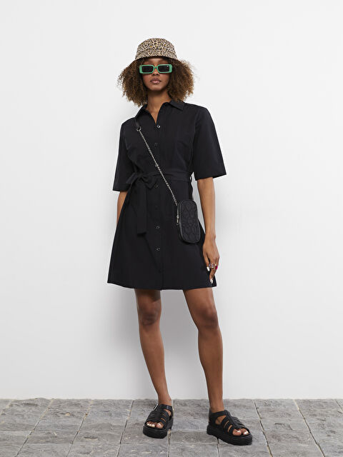 LCW Vision Gömlek Yaka Düz Kısa Kollu Poplin Kadın Elbise