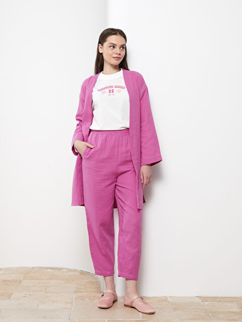 LCW Modest Elastic Waist Comfortable Fit Straight Muslin Fabric Women's Trousers - S2KH23Z8-RX2