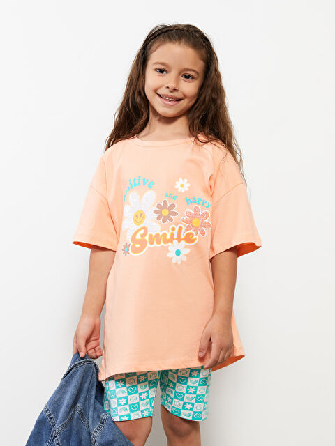 LCW Kids T-shirt à Manches Courtes Imprimé Col Rond pour Filles et Collants - S2L166Z4-G5P
