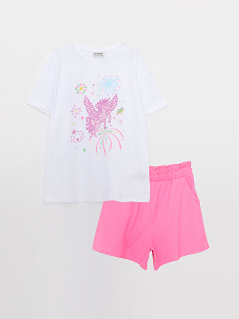 LCW Kids Crew Neck Printed Short Sleeve Girls' T-Shirt and Shorts - S2L996Z4-R9K
