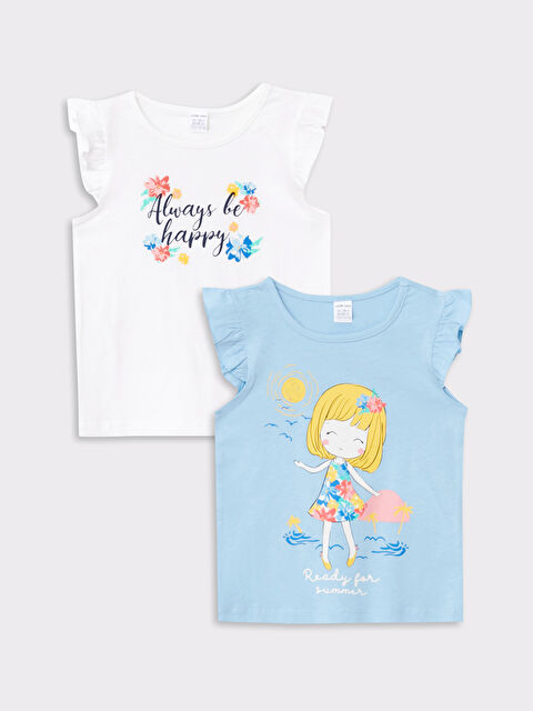 LCW baby Lot de 2 T-shirts Bébé Fille en Coton Imprimé à Manches Courtes Col Rond - S2LH30Z1-R9J