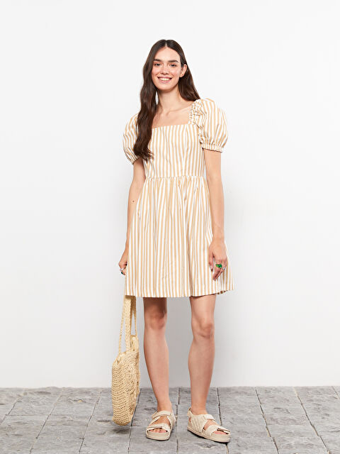 LCW Vision Kare Yaka Çizgili Balon Kollu Pamuklu Kadın Elbise