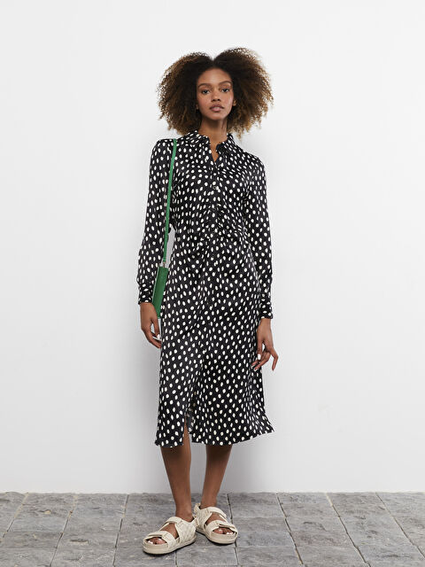 LCW Vision فستان نسائي بياقة قميص منقوش كم طويل فيسكوز - S2ME27Z8-LQJ