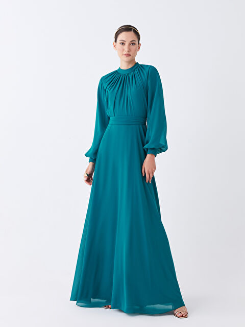 LCW Modest Dik Yaka Düz Uzun Kollu Şifon Kadın Abiye Elbise