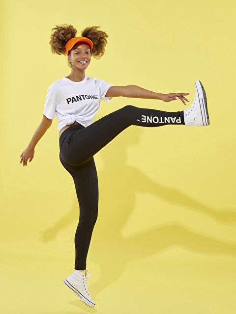 Pantone Beli Lastikli Yazı Baskılı Kadın Tayt - S2ML97Z8-3Q5