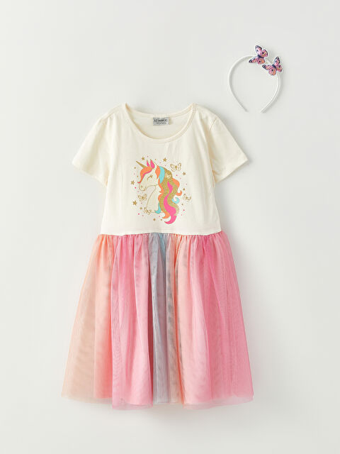 LCW Kids فستان بناتي برقبة دائرية مطبوع بأكمام قصيرة وعصابة رأس - S2MS96Z4-FRC