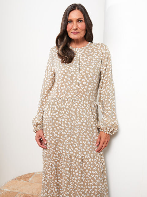 LCW Grace Bisiklet Yaka Çiçekli Uzun Kollu A Kesim Poplin Kadın Elbise