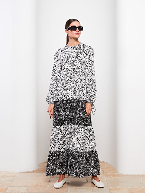 LCW Modest Bisiklet Yaka Çiçekli Uzun Kollu Viskon Kadın Elbise