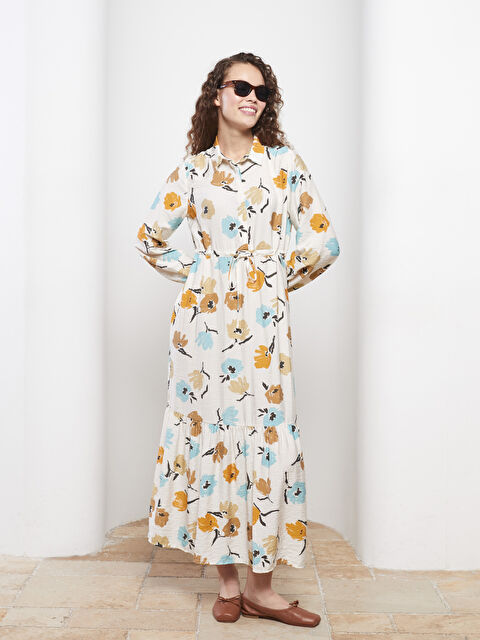 LCW Modest Gömlek Yaka Desenli Uzun Kollu Kadın Elbise