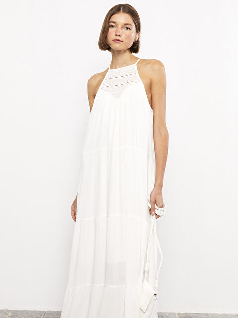 LCW Vision Halter Yaka Nakışlı Kolsuz Poplin Kadın Elbise