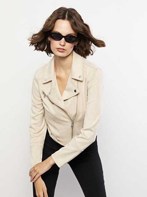 LCW Vision Women's Biker Neck Plain Faux Leather Jacket - W20022Z8-QKP