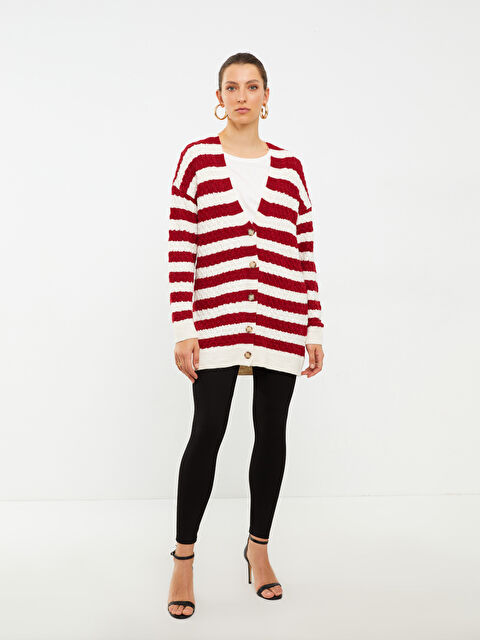 LCWAIKIKI Classic V Yaka Çizgili Uzun Kollu Kadın Triko Hırka - W20227Z8-R3M