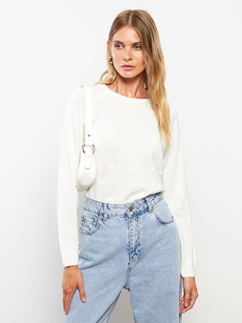 LCWAIKIKI Basic Bisiklet Yaka Kendinden Desenli Uzun Kollu Kadın Triko Kazak - W20312Z8-FDH