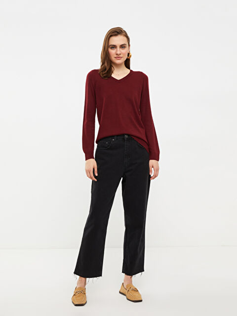 LCWAIKIKI Basic V Yaka Düz Uzun Kollu Kadın Triko Kazak - W20318Z8-HQG