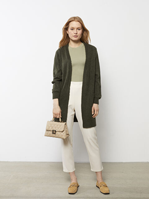 LCWAIKIKI Basic Şal Yaka Düz Cep Detaylı Kadın Triko Hırka - W20338Z8-DGK