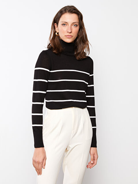 LCWAIKIKI Basic Balıkçı Yaka Çizgili Uzun Kollu Kadın Triko Kazak - W20343Z8-LEG