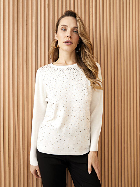 LCW Grace Bisiklet Yaka Baskılı Uzun Kollu Kadın Triko Kazak - W23125Z8-DCY