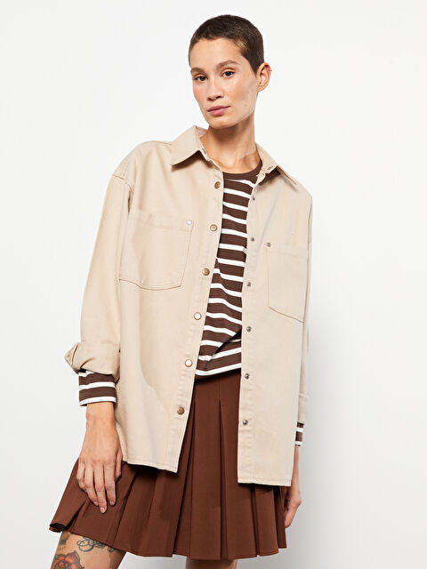 LCW Jeans Düz Uzun Kollu Kadın Jean Gömlek Ceket - W23787Z8-CR8