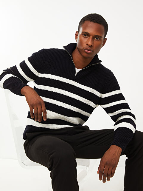 XSIDE Dik Yaka Uzun Kollu Çizgili Erkek Triko Kazak - W23896Z8-HRC